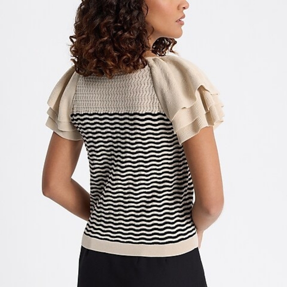 Express Striped Ruffle Flutter Sleeve Knit Top Sweater Black Sandshell Beige XS - Picture 9 of 13